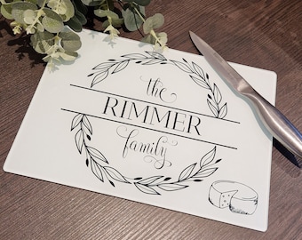 Personalised Family Name Glass Chopping Board, Worktop Saver