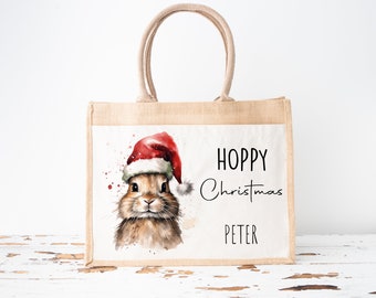 Personalised Joke Rabbit Christmas Bag, Hoppy Christmas, Santa Hat Christmas Shopper, Jute Bag, Hessian Bag, Farmyard Christmas Gift Bag