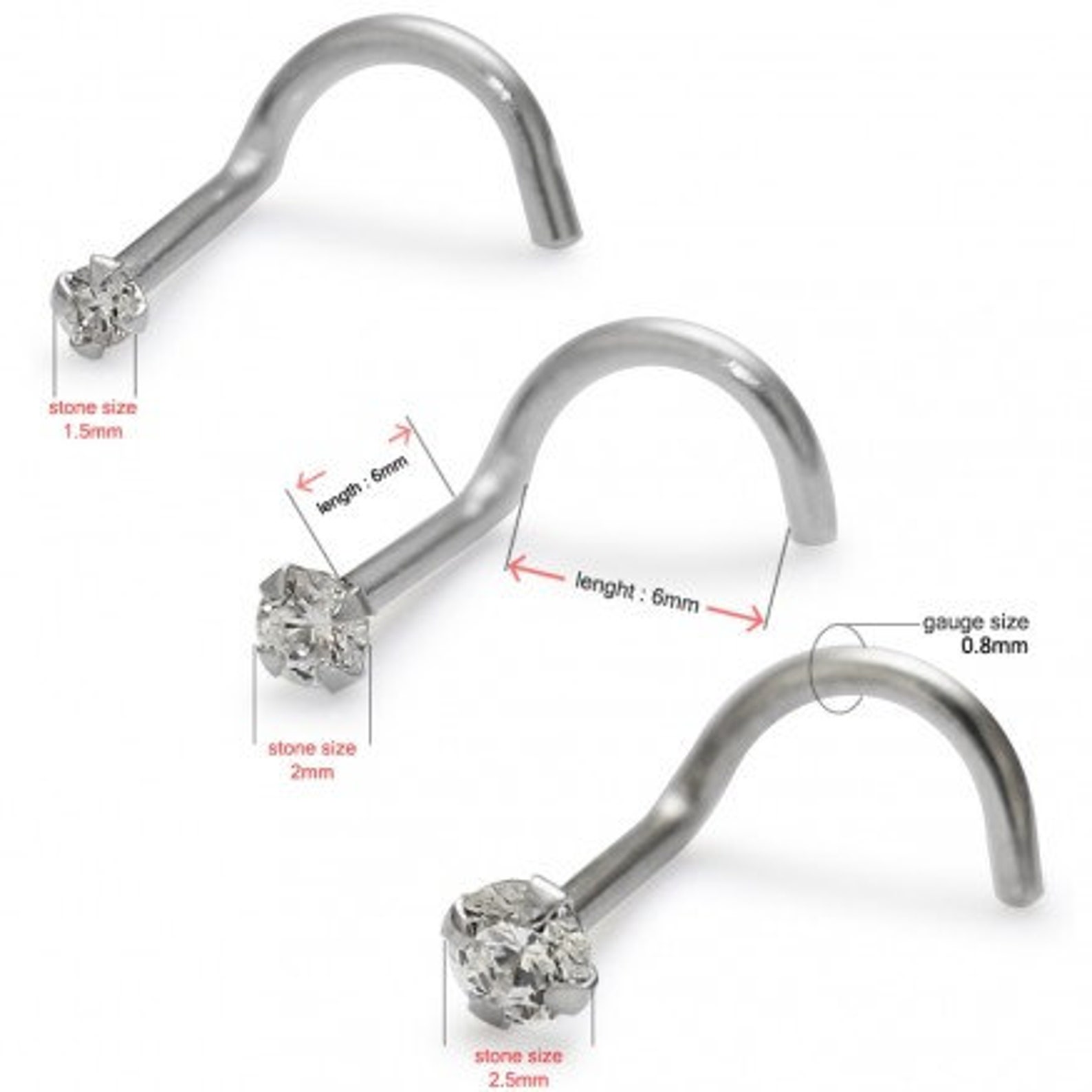 14K Solid Gold Nose Ring Screw Right Nostril Clear Gem Prong Etsy