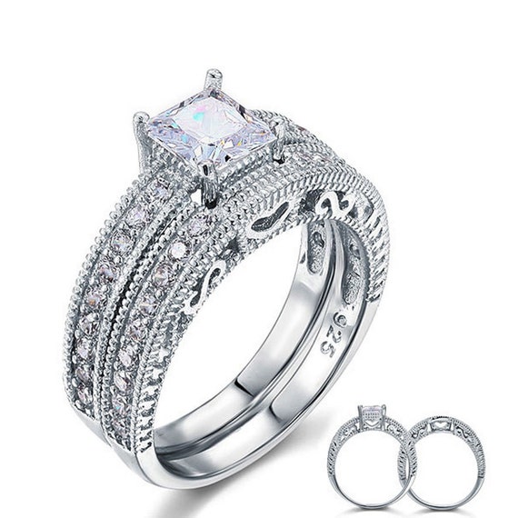 1 Carat Created Diamond Engagement Ring Set 2-pc Wedding Ring - Etsy