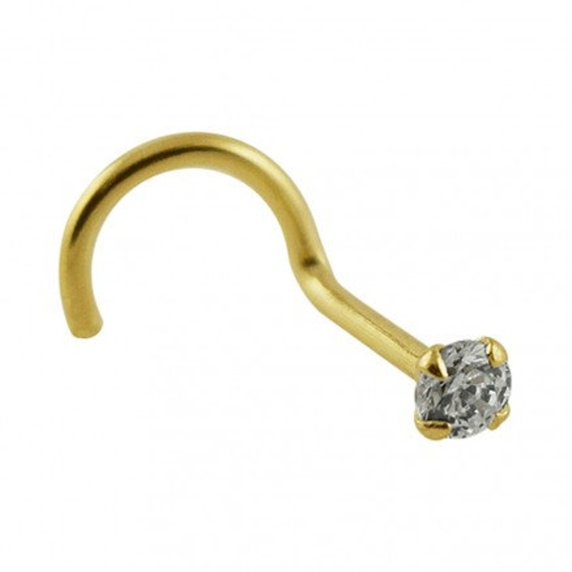 14K Solid Gold Nose Ring Screw Right Nostril Clear Gem Prong Etsy