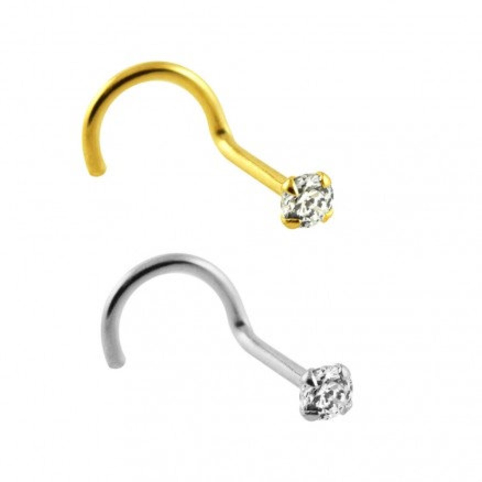 14K Solid Gold Nose Ring Screw Right Nostril Clear Gem Prong Etsy