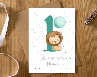 Personalisierte Karte 1. Geburtstag Löwe 1-9 Jahre | Erster Geburtstag | Happy Birthday | Geburtstagskarte Baby/Kind Safaritiere