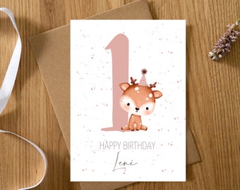 Personalisierte Karte 1. Geburtstag Reh 1-9 Jahre | Erster Geburtstag | Happy Birthday | Geburtstagskarte Baby/Kind Waldtiere