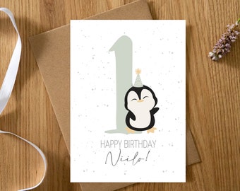 Personalisierte Karte 1. Geburtstag Pinguin 1-9 Jahre | Erster Geburtstag | Happy Birthday | Geburtstagskarte Baby/Kind |