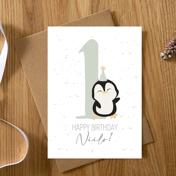 Personalisierte Karte 1. Geburtstag Pinguin 1-9 Jahre | Erster Geburtstag | Happy Birthday | Geburtstagskarte Baby/Kind |