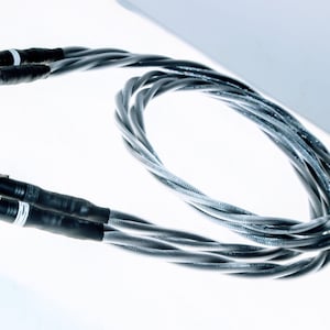 Może przedstawiać: Para profesjonalnych kabli audio z wtykami XLR. Kable są szare i czarne, skręcone razem i ułożone w pętlę. Złącza są czarne ze srebrnymi pinami. Tło jest białe.