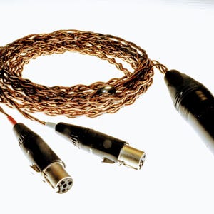 May include: A coiled copper-coloured audio cable with three black connectors. Two connectors have silver-coloured ends with multiple pins, and the third is a larger, cylindrical connector. The cable is on a white background.