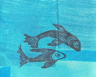 Swimming Fish Patch, Block Printed Fish Print, Sew On Patch, Visible Mending, Wearable Art, Sustainable Fashion, Hand Dyed, Quilt Block