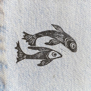 Fish Patch, Visible Mending, Upcycled Denim, Linocut Fish Print, Slow Stitching, Swimming Fish, Jeans Jacket Patch, Sustainable Fashion