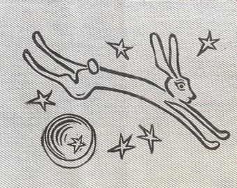 Hare and Moon-denimpatch, zichtbaar herstellen, draagbare kunst, duurzame mode, langzame stiksels
