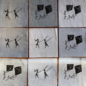 Set of Two Kite Flying Patches,  Kite Prints, Slow Stitch Visible Mending, Sew On Patches, Sustainable Fashion, Repair Patch, Quilt Squares