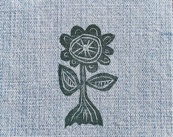 Geüpcycled denim bloemenpatch, bloemenprint, langzame steek zichtbaar herstellen, patch voor jeans, patch bloemenjack, blokgedrukte naaipatch