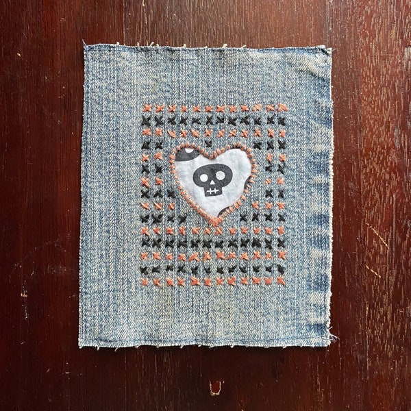 Hand Embroidered Upcycled Denim Heart Skull Patch - Wearable Art -Sashiko Inspired Mending Patch - Visible Mending - Slow Stitch