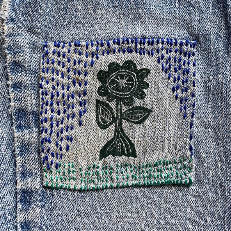 Upcycled Denim Flower Patch Flower Print Slow Stitch Visible - Etsy