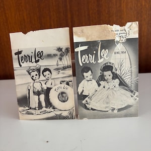 May include: Two vintage Terri Lee doll magazines. The July 1954 issue features dolls on a beach, while the June 1954 issue shows a doll in a wedding dress. Both magazines are in black and white and show the Terri Lee logo.