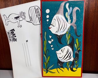 1960s Jumbo Flocked Anthropomorphic Angel Fish Jumbo novelty card with envelope! 14”