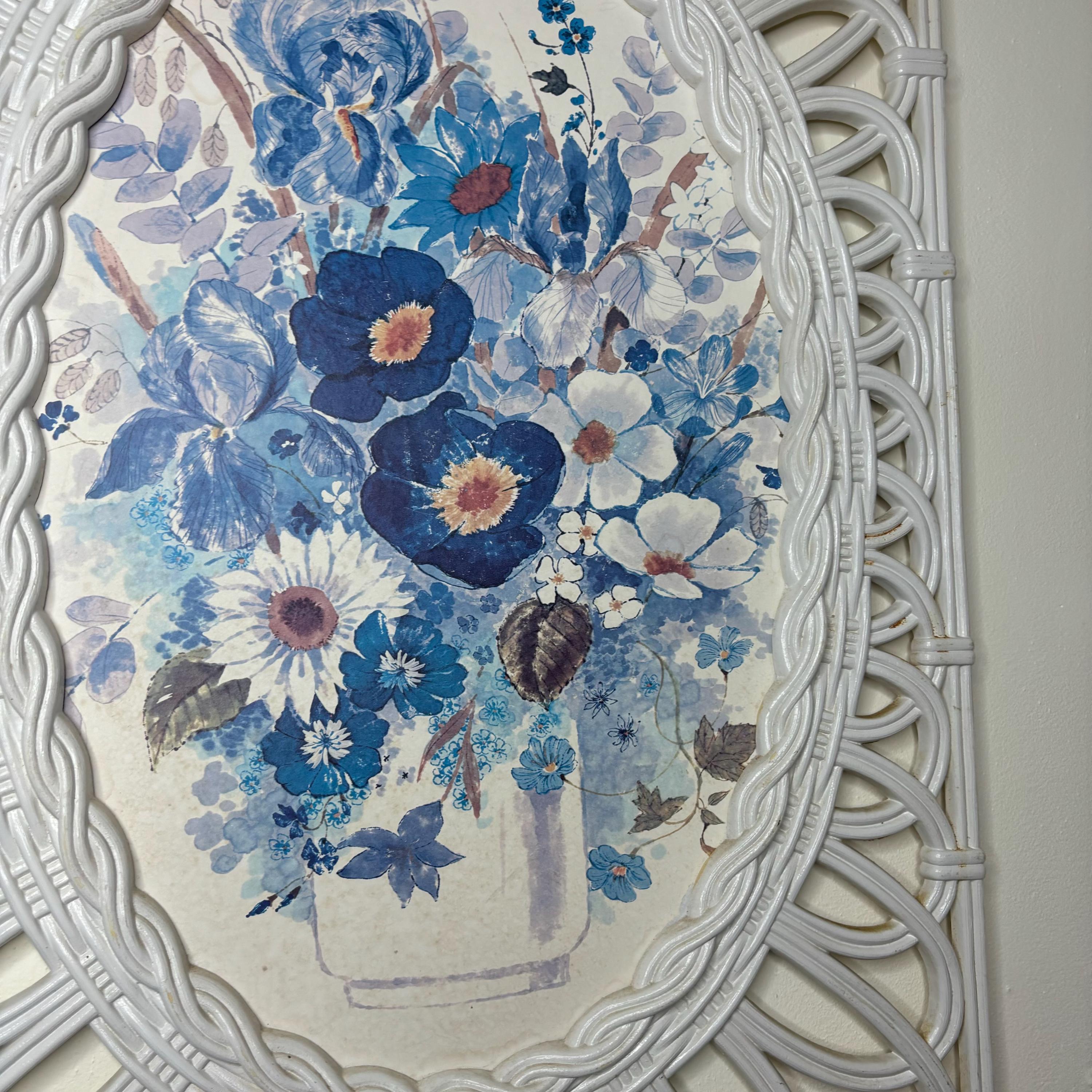 Vintage 1970s Syroco Wicker Framed Blue Floral Picture Wall