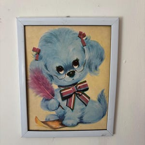 Original Vintage 1970 Colonial Studios Kitsch Blue Puppy Dog framed Print 15x12