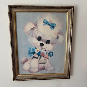 Original Vintage 1970 Colonial Studios Kitsch pink poodle  Puppy Dog framed Print 13x16