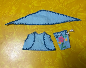 Barbie pop's naaivrije 1965 Fashion Fun "Sightseeing" blauwe portemonnee vest en sjaal #1713 Mattel