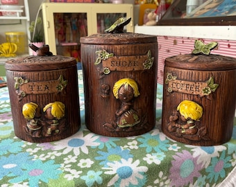 Vintage Treasure Craft Sugar Canister Wood Grain Jar Girl Cookie Hair Kitsch ceramic set