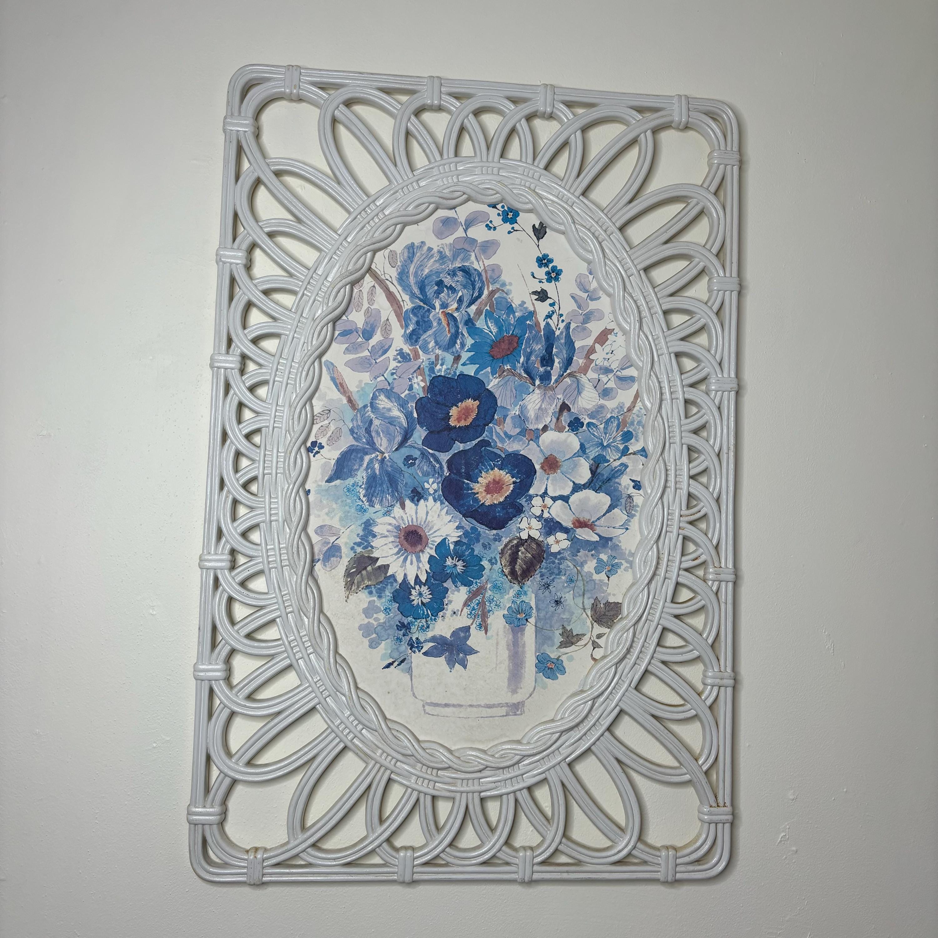 Vintage 1970s Syroco Wicker Framed Blue Floral Picture Wall