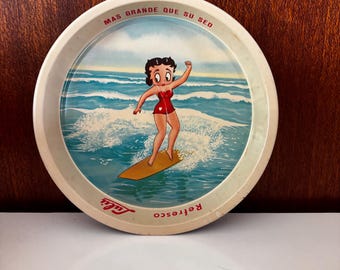 Vintage 1960s Surfing Mexican Betty Boop Lulú Soda Refrescos Tray Coca-Cola style advertisement tin ashtray