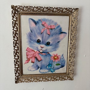 Original Vintage 1970 Colonial Studios Kitsch kitty cat  framed Print 10x12