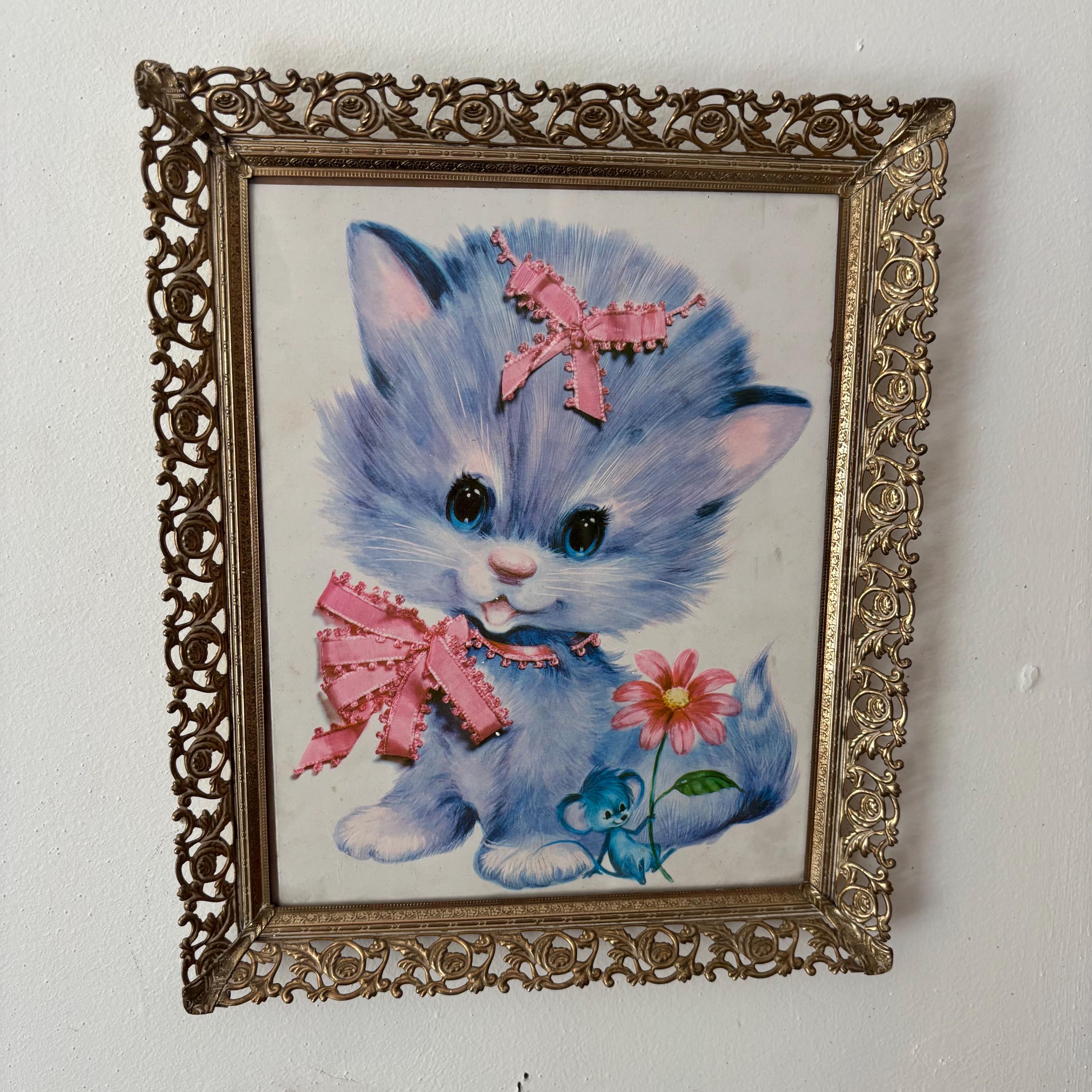 オリジナルヴィンテージ 1970 コロニアルスタジオ キッチュな子猫 額