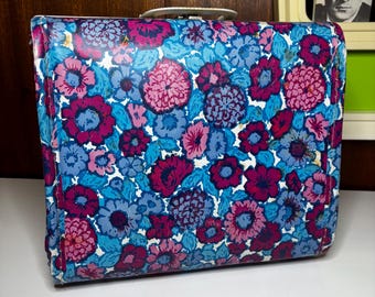Vintage blauwe Flower power koffer uit de jaren 60/70, koffer in mod-stijl