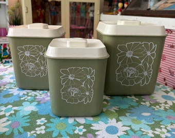 VTG Avocado Green Canister Set of 3  White floral