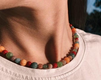 Colorful Gemstone Beaded Necklace, Handmade Boho Jewelry, Vibrant Natural Stone Statement Necklace, Unique Gift for Her