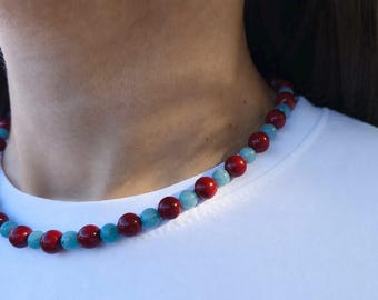 Red and Teal Beaded Necklace, Handmade Statement Jewelry, Colorful Boho Necklace, Layering Necklace, Gift for Her, Artisan Jewelry