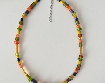 Vintage Reclaimed Necklace, Vibrant Glass/Wood Statement Necklace, Unique Gift for Her