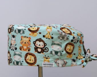Safari Animal Print Scrub Cap: Handmade Cotton Scrub Hat, custom embroidery