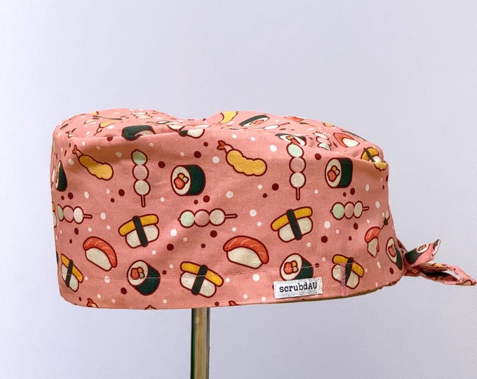 Pink Sushi Dango Print Scrub Cap - custom embroidery, Handmade Cotton Surgical Hat