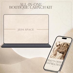 Pode incluir: Uma tela digital com o texto ALL-IN-ONE BOUTIQUE LAUNCH KIT e JEDS SPACE, ao lado de um smartphone exibindo um look com camisa bege, calça branca, cinto marrom e óculos de sol sob o texto TODAY'S OUTFIT INSPIRATION.