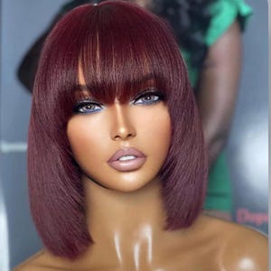 10” Inches BurgundyDark Red Layered Cut Yaki Straight #99J Bob Style Lace Wig With Bangs
