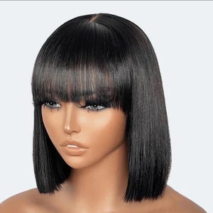 12” Inch Realistic Yaki Straight Bob With Bangs 2x1 Minimalist Lace Wig 150% Density