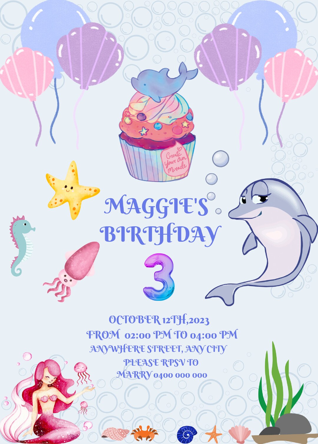 Mermaid Birthday Invitation Card,printable Invitation, Editable in Canva, Print Invite Template ...