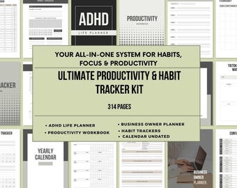 Pode incluir: Um conjunto de páginas de planejador imprimíveis, incluindo rastreadores de hábitos, calendários e um caderno de trabalho de produtividade. O design central apresenta o texto "ULTIMATE PRODUCTIVITY & HABIT TRACKER KIT" com o slogan "YOUR ALL-IN-ONE SYSTEM FOR HABITS, FOCUS & PRODUCTIVITY."