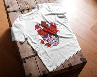 Skull With Red Roses - Unisex Softstyle T-Shirt