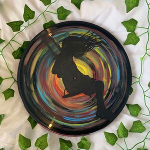 Custom Hand Painted Vinyl Record Girl on Swing Silhouette with Colorful Background – Unique Wall Art