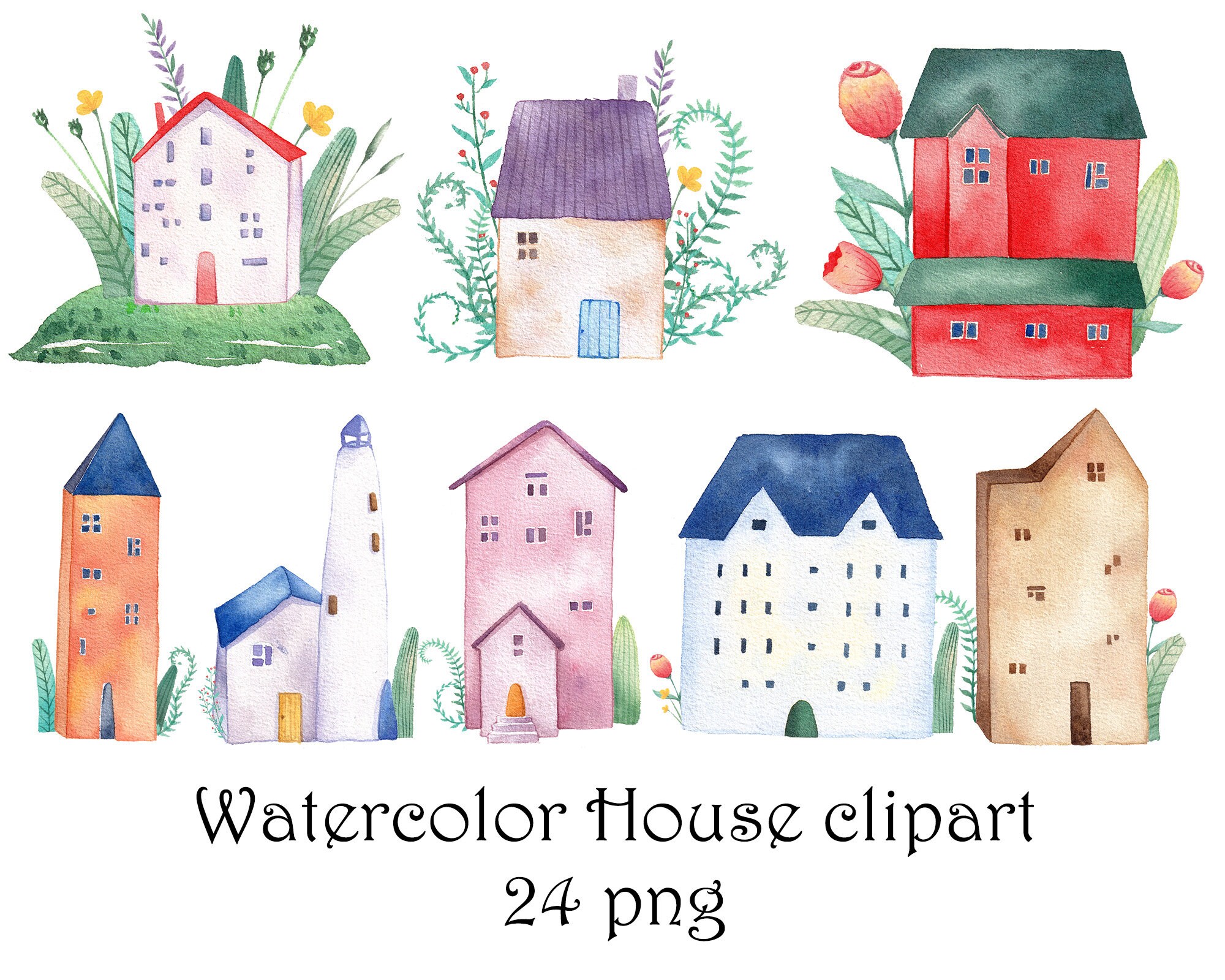 Watercolor House clipartsCute house Etsy