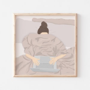 I sängen - Konsttryck för arbete hemifrån / Illustration / Kaffe i sängen / Mysig helgstämning / Dekor ovanför sängen / Påminnelse om mentalt välbefinnande / Rolig konst