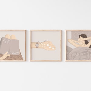 May include: Three framed illustrations with beige backgrounds. The first illustration shows a person reading a book with the text "You can't shut the world out if you don't open it up". The second illustration shows a hand with a watch and the text "Time heals everything". The third illustration shows a person lying in bed with the text "The moment I am".