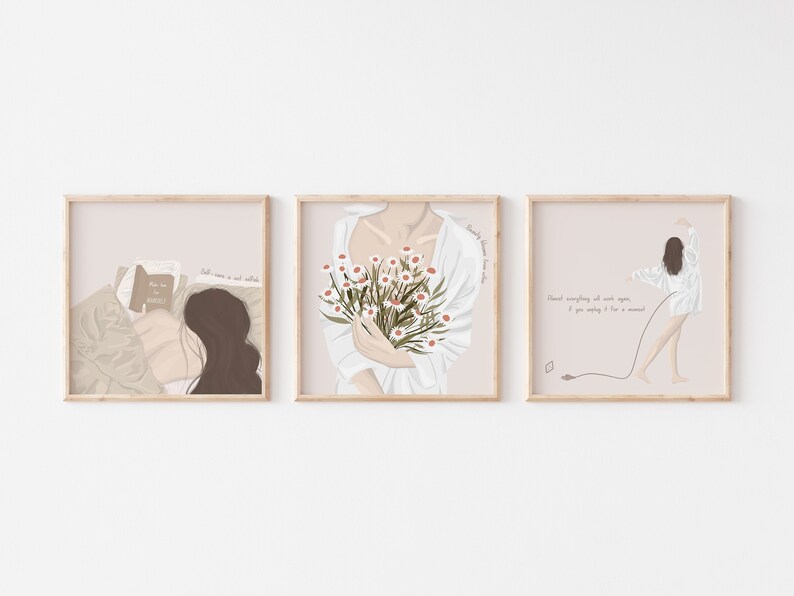 May include: Three framed illustrations with pink backgrounds. The first shows a person sleeping with a book. The second shows a person holding a bouquet of white flowers. The third shows a person dancing with a long cord trailing behind them. The text in the first frame reads "Self care is not selfish". The text in the second frame reads "Beauty blooms from within". The text in the third frame reads "Don't everything all at once again, if you can't stop for a moment".