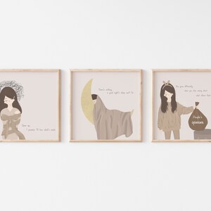 May include: Three framed illustrations with a light pink background. Each illustration features a cartoon girl with brown hair and a light brown outfit. The first illustration shows the girl with her arms crossed and a thought bubble above her head. The text below the girl reads "Open up, I promise I'll love what's inside". The second illustration shows the girl sleeping on a crescent moon. The text below the girl reads "There's nothing a good night's sleep can't fix". The third illustration shows the girl holding a brown trash bag with the text "People's opinions" on it. The text below the girl reads "You are already, where you are going and what others think about it doesn't change that".