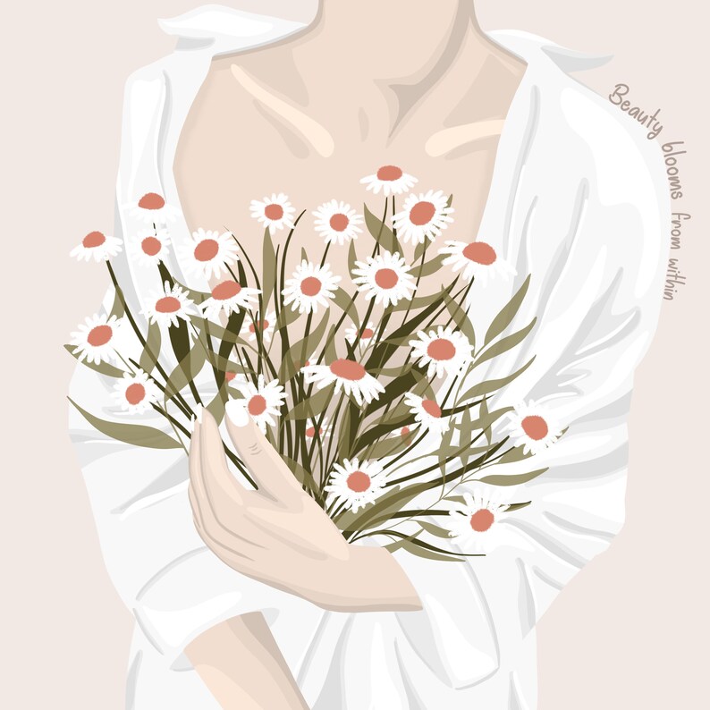 Op de afbeelding: Een persoon in een wit overhemd houdt een boeket witte madeliefjes met roze centra vast. De tekst "Beauty blooms from within" staat in de rechterbovenhoek van de afbeelding.